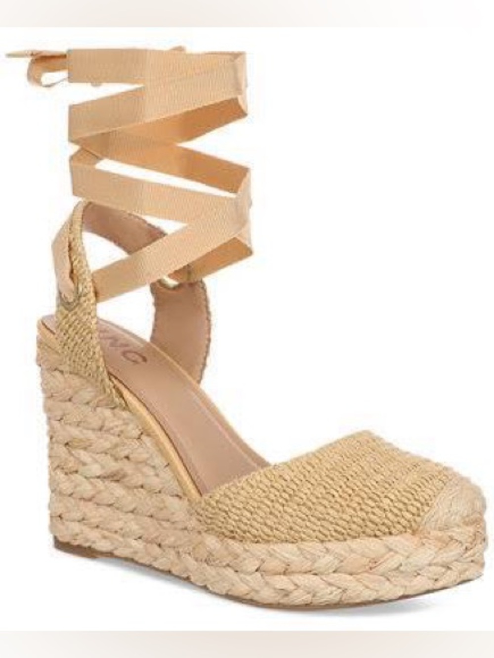 INC International Concepts Natural Beige Woven Espadrille Wedge with Ankle Wrap